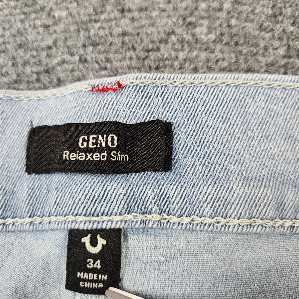 $184 True Religion Mens Geno Relaxed Slim Patch Jeans Light Journey Wash W34 L32